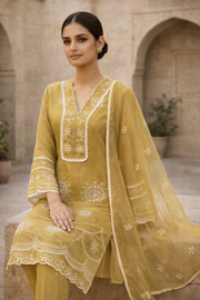 Olive Gold Luxury Embroidered 3-Piece Ethnic Suit Set for Festive Wear
